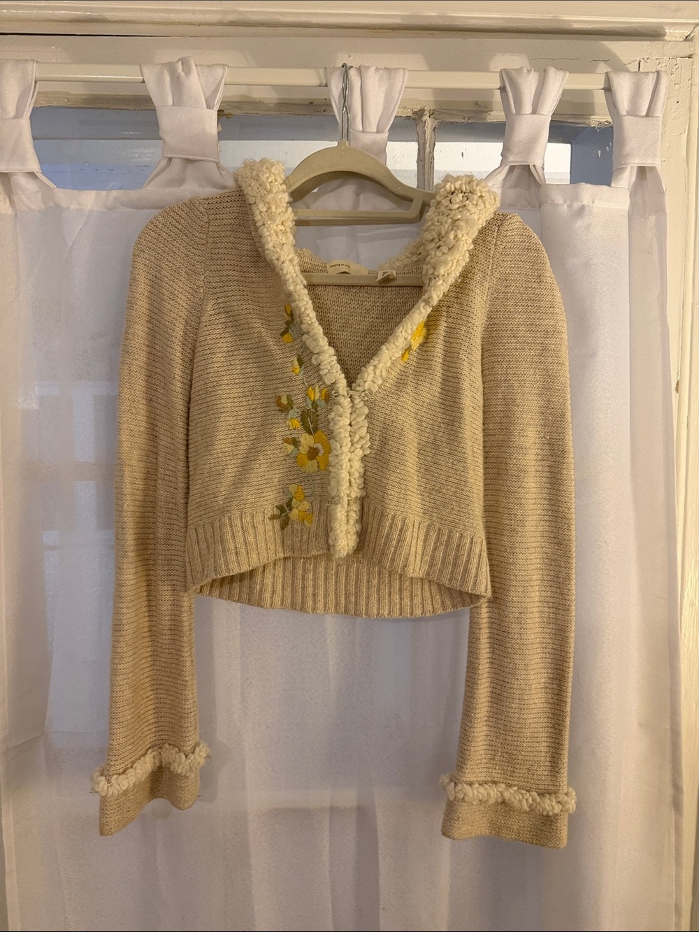Anthropologie Cream Cropped Cardigan with Sherpa Trim and Floral Embroidery